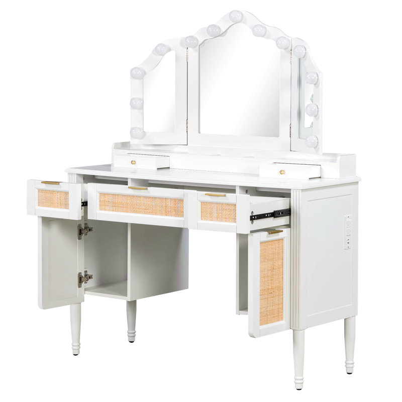 44.37 " Makeup Vanity Desk With 13 Hollywood Bulbs And 3 Lighting Modes, Dressing Table With Tri-Fold Mirror   Large Vanity Table With 5 Drawers And Shelves And  Charging Station For Bedroom, White
