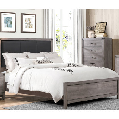 Full Size Panel Bed With Brownish Gray Color And Leather Headboard Brown+Gray Upholstered Faux