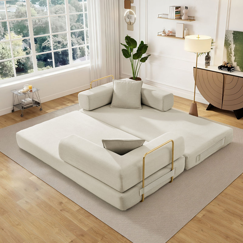 Boneless Addisin King-Size Foldable Sleeper Sofa Bed – Convertible Compression Mattress Couch with 2 Removable Bolster Armrests & 2 Pillows