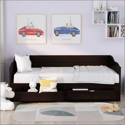 Lit de jour extensible en bois avec lit gigogne, deux tiroirs de rangement et canapé, pour des espaces de vie polyvalents