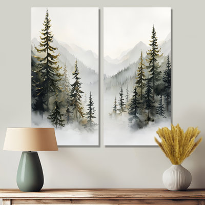 Green Pine Trees Mist Morning III - Tree Pine, grandes impressions sur toile, 2 pièces