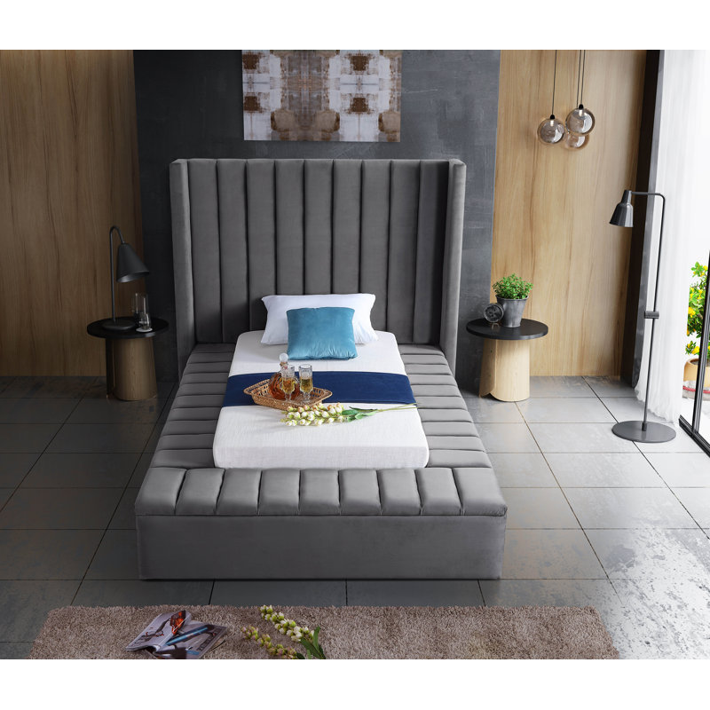 Rick Upholstered Wingback Bed, Twin, Grey Velvet
