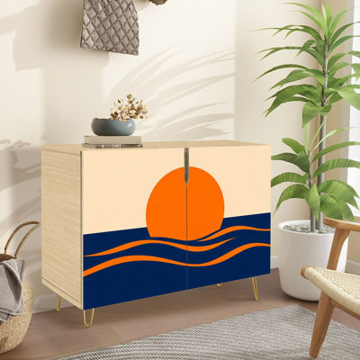 Buffet étroit de 35,4 po de largeur - armoire de rangement d'appoint à 2 portes avec imprimé de contraste orange marine audacieux et pieds en métal