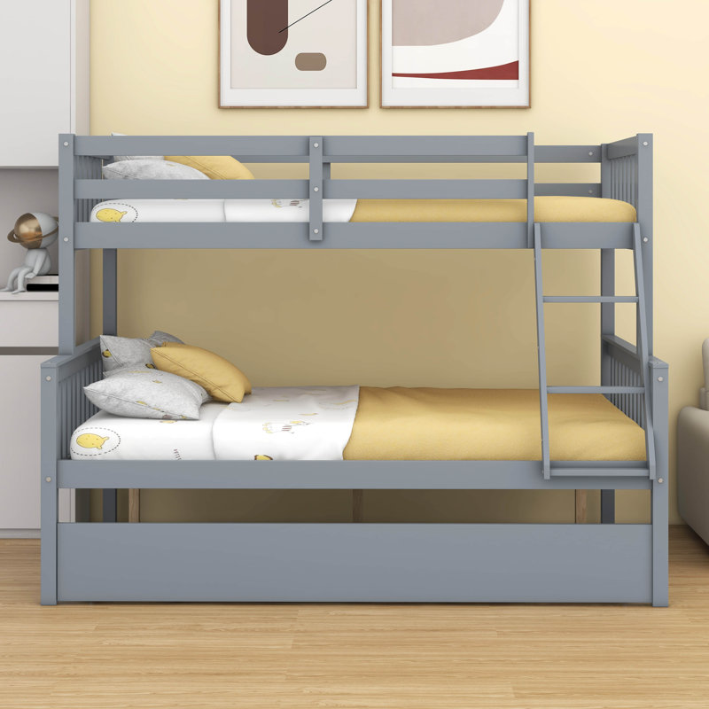 Twin Over Full Rubber Wood Bunk Bed – Twin-Size Trundle, Convertible Ladder, Guardrail & Detachable/Convertible Design, Gray