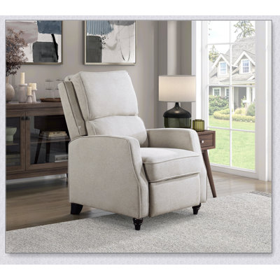Chaise inclinable rembourrée en tissu beige avec structure en bois massif, mobilier transitionnel confortable et élégant