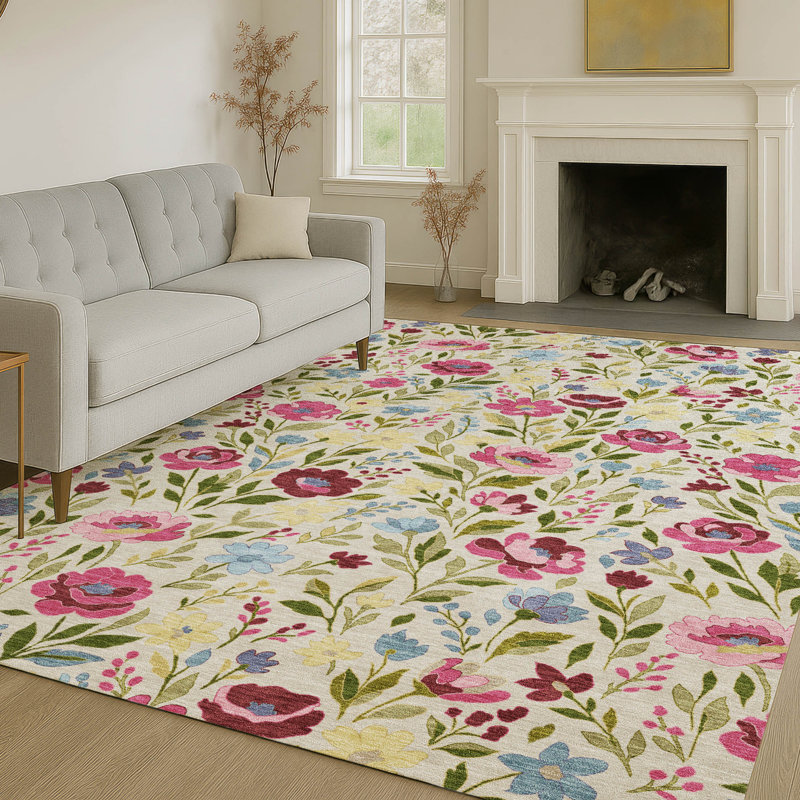 Machine Washable Indoor/Outdoor Chantille ACN2438 Floral Rug, 3' x 5', Linen