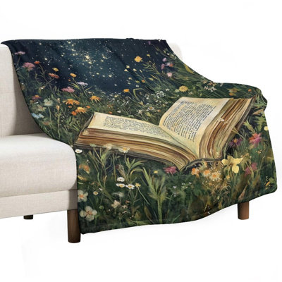 Open Book Nestled in Starlit Wildflowers Luxury Flannel Throw Blanket, Soft Warm Fuzzy Blanket for Living Room Sofa Bed Home Decor