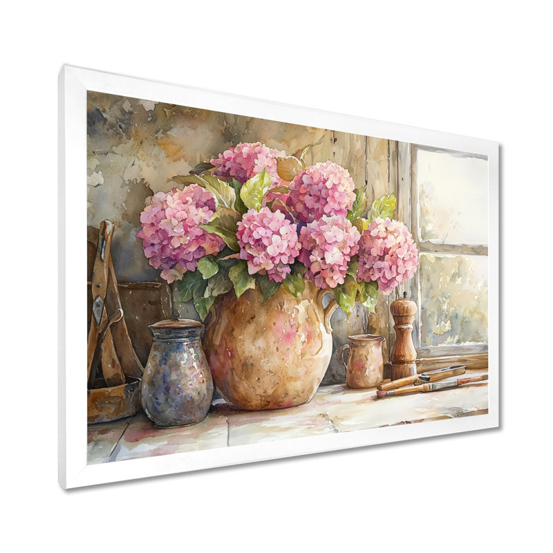 Dokken hortensias sur le comptoir de cuisine II - hydrangées, art mural, Impression d'un seul cadre photo, H 34 po x l 44 po