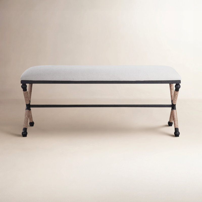 Milana Cotton Upholstered Bench, Oatmeal Basketweave