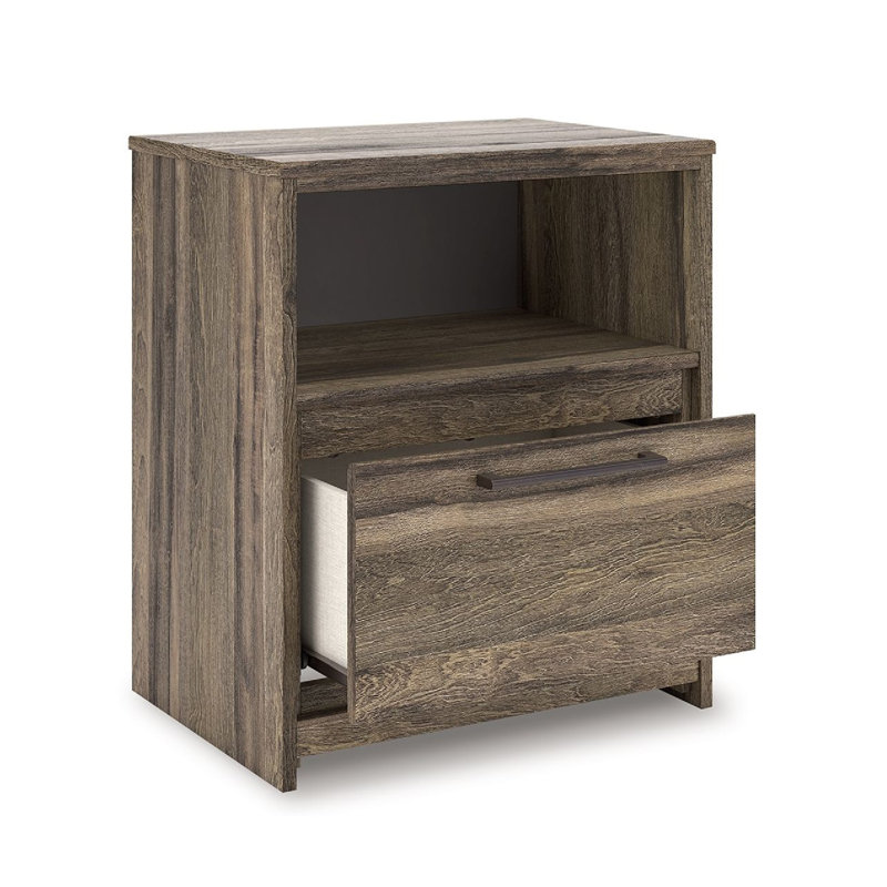 Table de chevet Eli, 1 tiroir avec poignée bronze industriel, casier ouvert, brun rustique