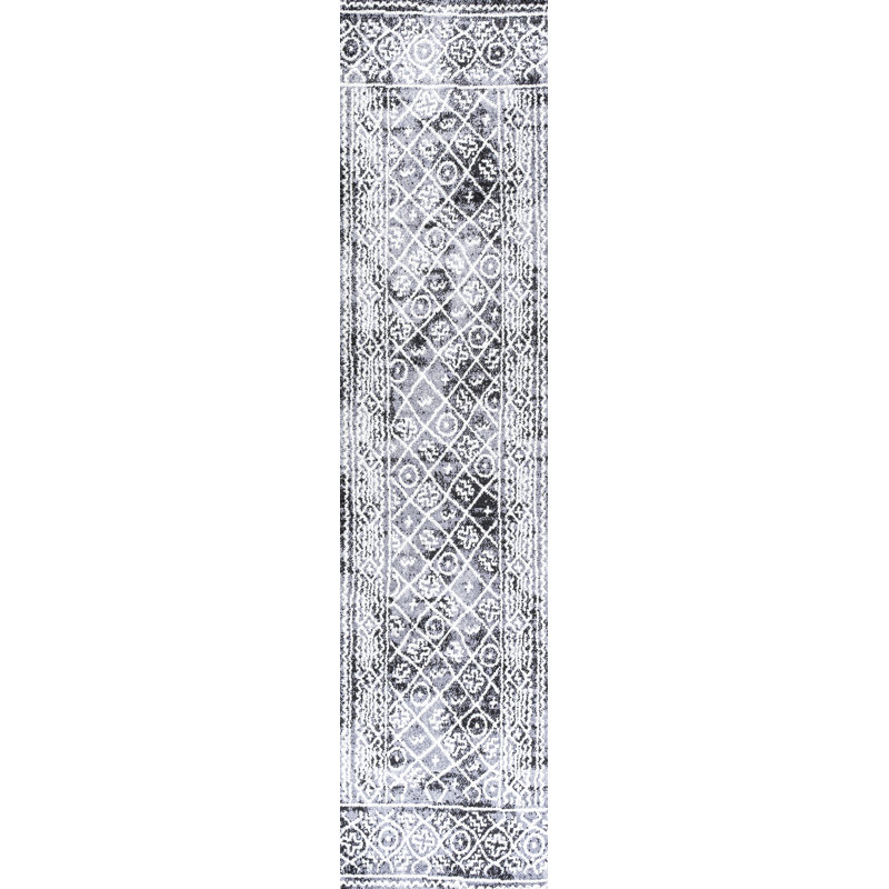 Maidste Moroccan Geometric Distressed Ivory/Black Rug, Runner 2' x 10'