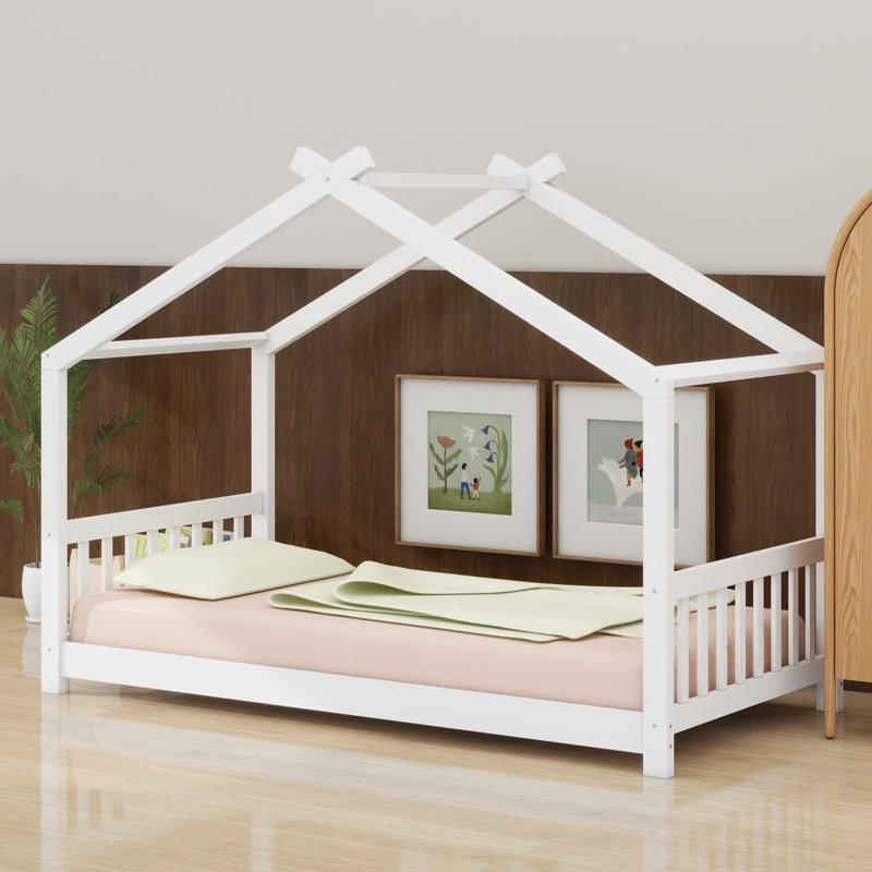 Lit plateforme House avec tête et pied de lit, toit, Blanc