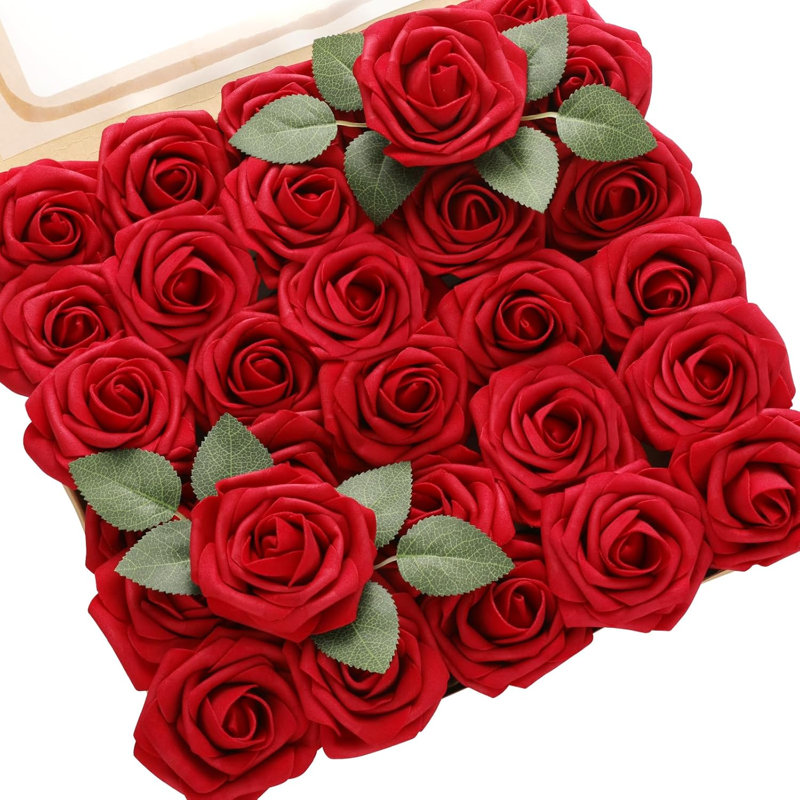 60 pièces de roses artificielles avec tige et 10 pièces de feuilles vertes