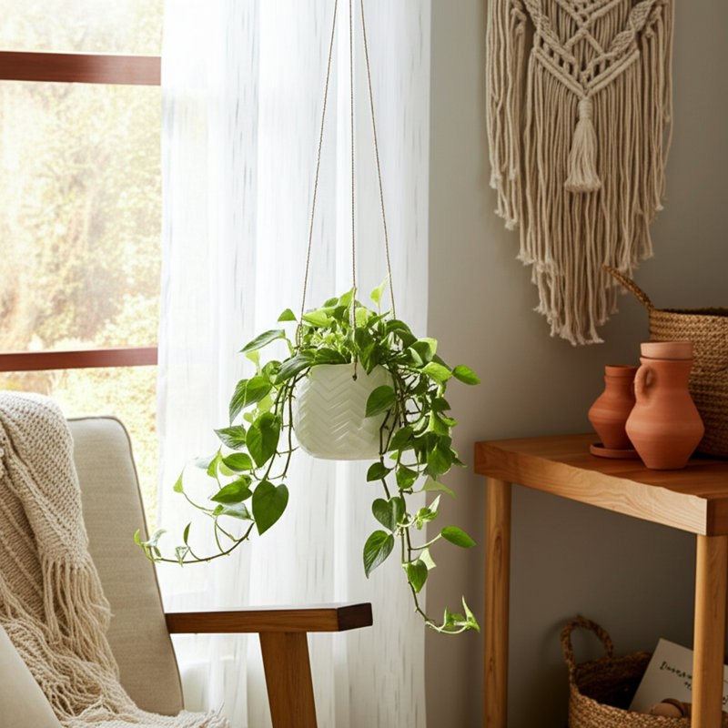 Pot à fleurs suspendu en céramique Rosaria, Line White, H 6 po x l 7 po x P 7 po