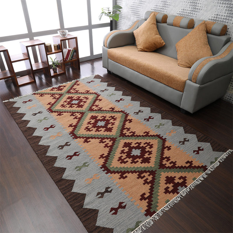 Tapis Dunson tissés à plat en laine Kilim écologique - 90 x 150 cm, rectangulaire, multicolore, design contemporain, tapis à poils courts faits main pour salon, chambre