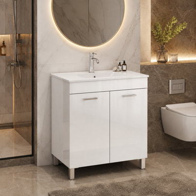 32" Freestanding White Bathroom Vanity with Soft-Close Doors and Ceramic Sink