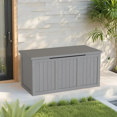 67-Gallon Solid Fir Wood Deck Box - Weatherproof Outdoor Storage with Seat/Table Top, Porch & Poolside Organizer by RUVINCE