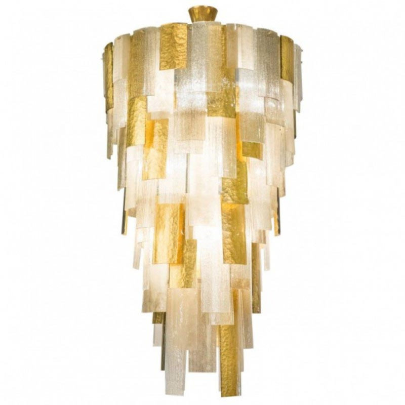Lustre cascade en verre de Murano, Givré, Laiton, 26" Diameter x 56" Height
