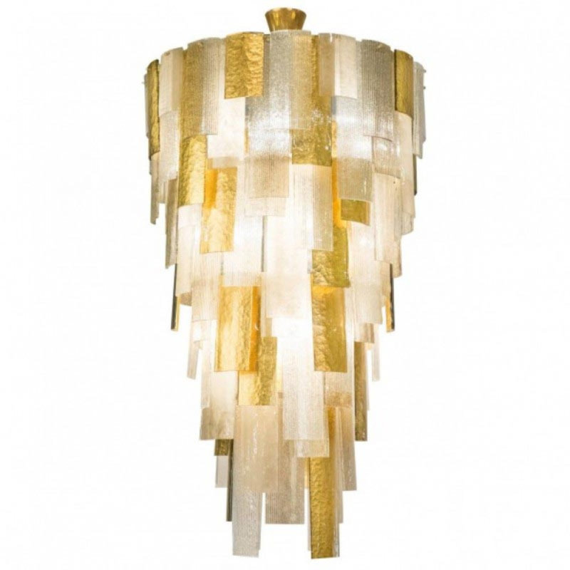 Lustre cascade en verre de Murano, Blanc / feuille d'or, 18" Diameter x 40" Height, Laiton