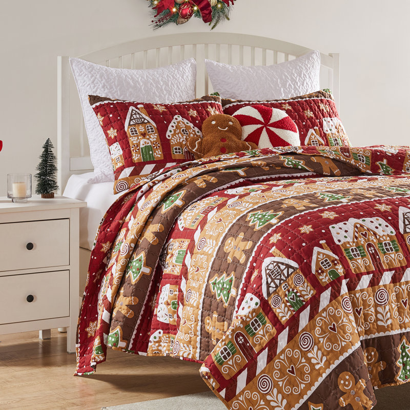 Ensemble de courtepointe rouge 3 pièces Greenland Home Fashions Gingerbread Lane 106 x 92 + 20 x 36 (2)