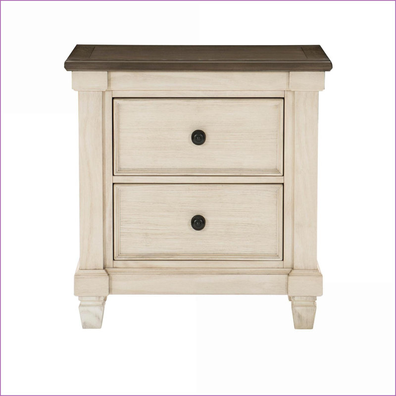 Table de chevet transitionnelle rustique à 2 tiroirs Antique & amp; Placage de chêne rosé, Beige