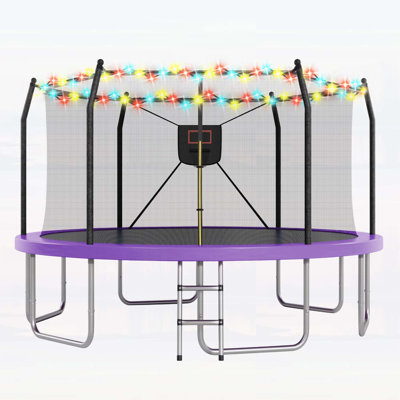 14FT Trampoline with LED Lights and Basketball Hoop, Durable and Safe for Family Fun
