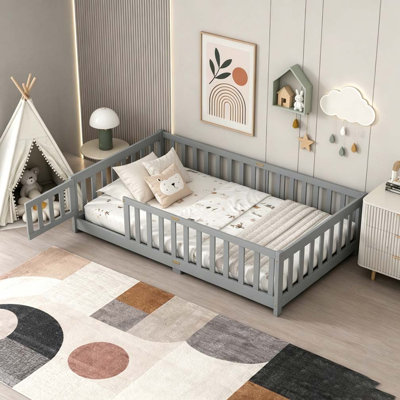 Twin Size Floor Bed with Fence and Door