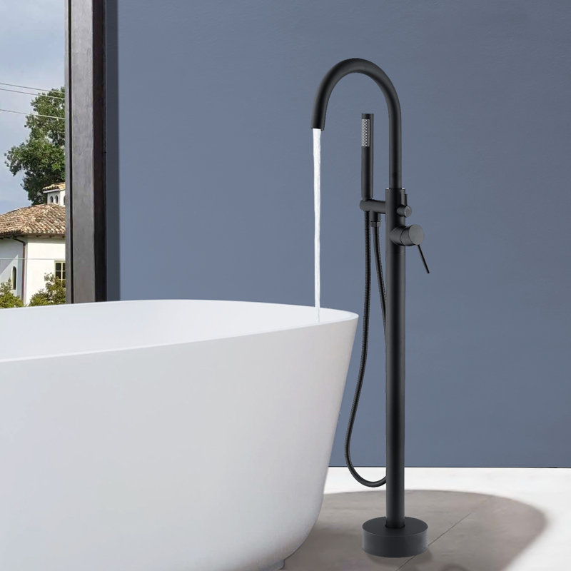Double Handle Floor Mounted Tub Filler With Handshower, Matte Black