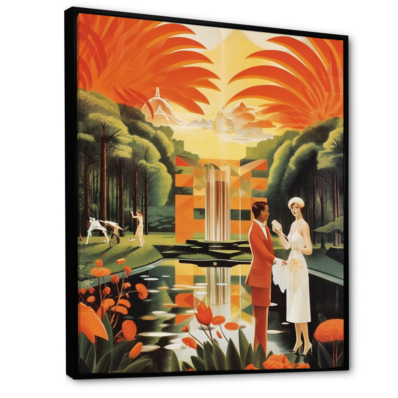 " Art Deco Lady In White Cosmopolitan Adventure ", Black Floater Framed, 32" H x 24" W x 1" D