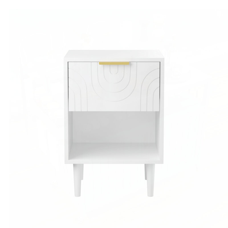 Table de chevet moderne avec tiroir et tablette ouverte, poignée dorée pour un accès facile, compagnon de chambre parfait