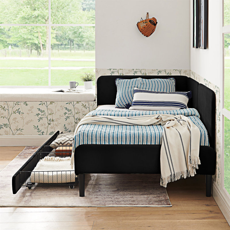 Upholstered Platm Bed Frame With Drawers, Twin, Black
