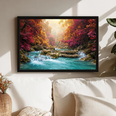 Toile noire encadrée en bois noir pour salon, chambre à coucher, bureau ou vestibule - décoration murale décorative avec ruisseau d'automne