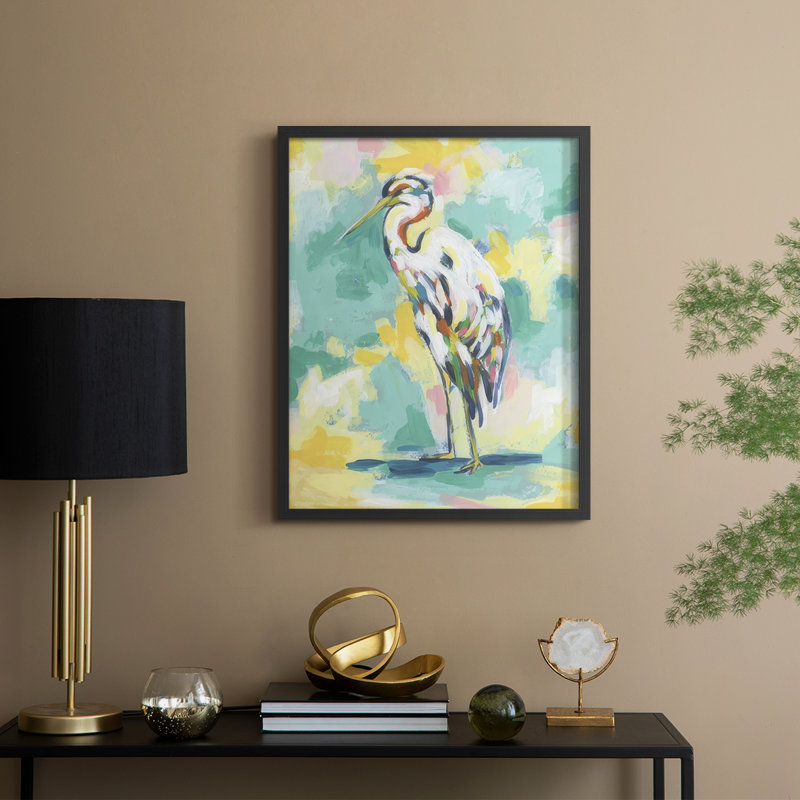 Bright Heron Fresco II, reproduction encadrée - bois massif, Noir, noir, noir, noir, H 21 po x l 17 po