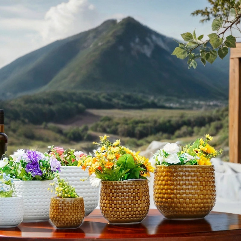Ensemble de pots de fleurs en céramique terre cuite à rayures verticales moderne - paquet de 3 avec trou de drainage