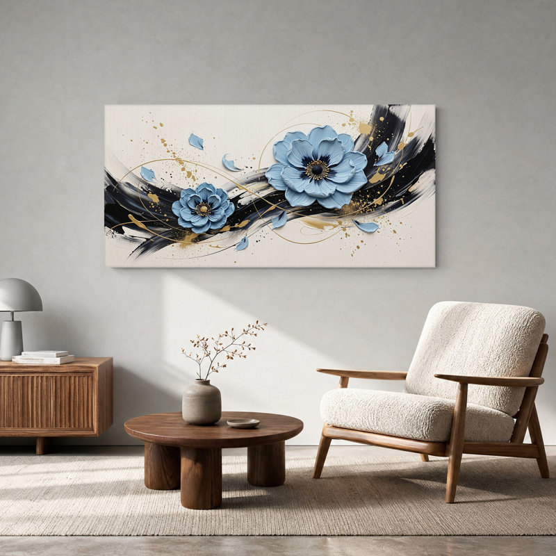 «Blue Flowers with Black and Gold Brushstrokes», art mural sur toile, L 40 po x H 20 po