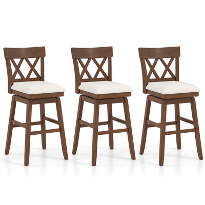 3 Pcs 30" Bar Stool Wooden Chair With Contoured Backrest Swivel Padded Seat For Kitchen by Red Barrel Studio