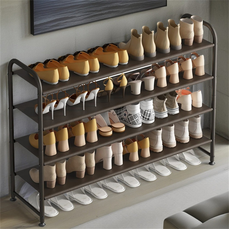 Range-chaussures 4 couches avec longue tablette de rangement, large range-chaussures en métal, Brun