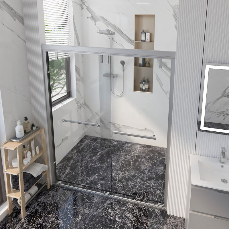 Porte de douche coulissante double semi-sans cadre l 56 po x H 71 po x H 71 po avec verre trempé de 0,24 po (6 mm) Accessories Accessoires en acier inoxydable