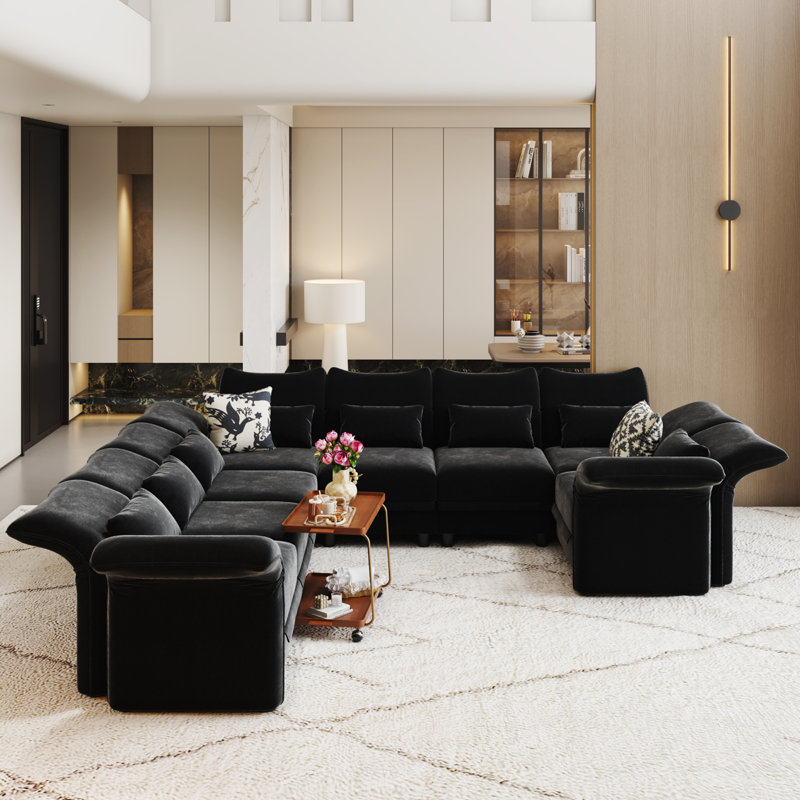 Canapé modulaire réversible avec repose-pieds Boulus, Microfibre noire / microsuède