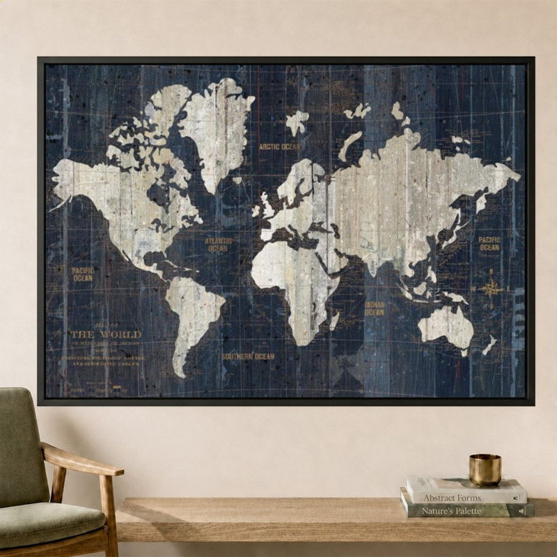 Old World Map Blue 2 by Wild Apple Portfolio - Graphic Art on Canvas, Black, Flat Floating Frame, 60" x 40"
