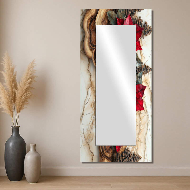Fleurs de poinsettias rouges dans la forêt I - miroir floral pour décoration murale - imprimé sur métal, 28" x 60"