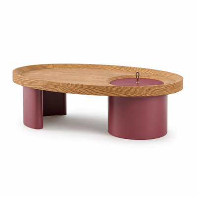 Mid Century Oval Coffee Table 45.3" Walnut Finish with Hidden Storage & Red Base