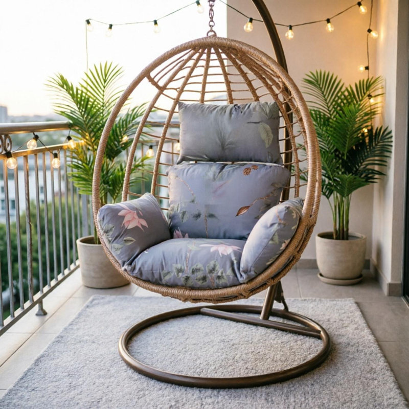Egg Chair Cushion with Headrest Outdoor Indoor Vacuum Packaged, 45.28x49.21x5.5in, Dark Gray Pink Flower