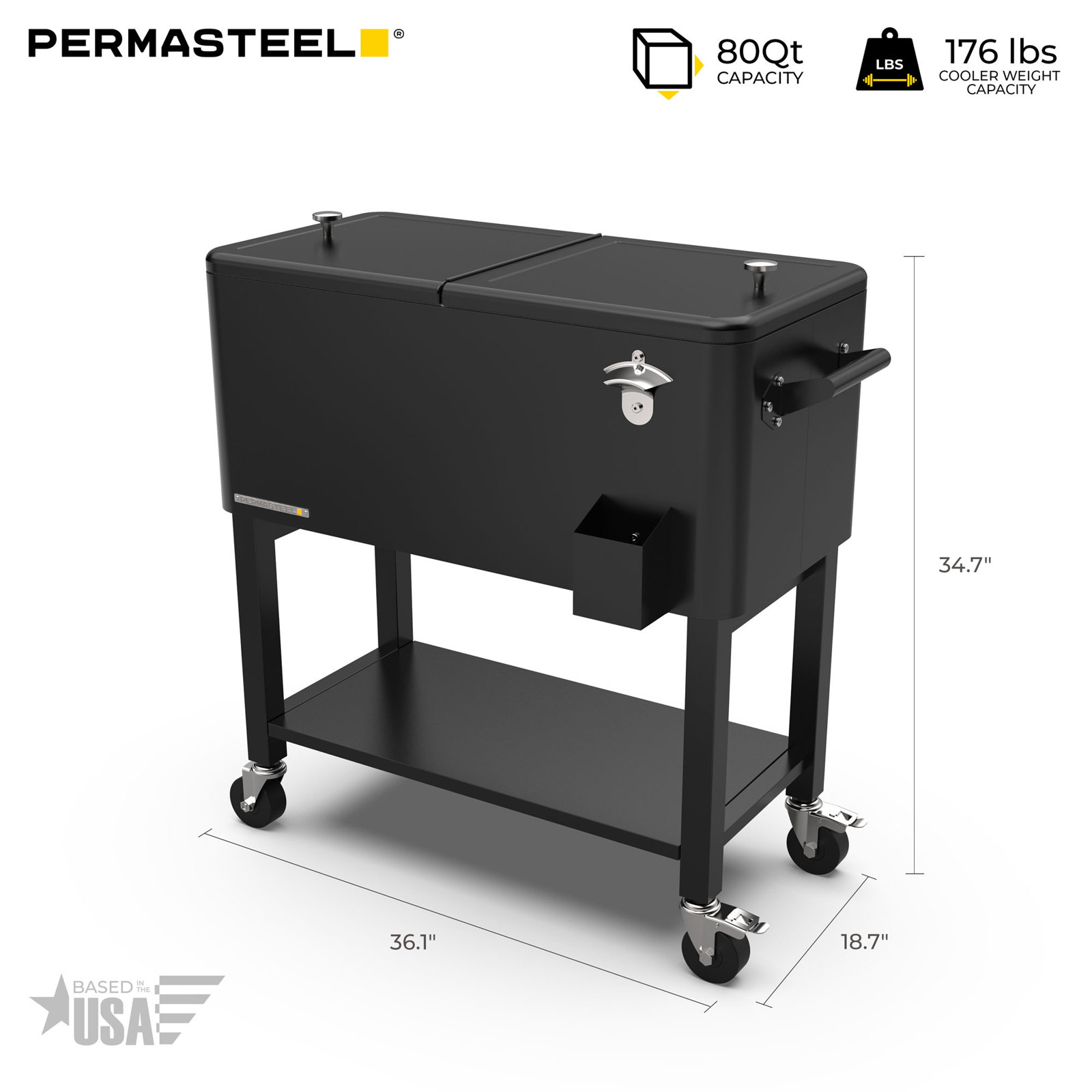 Permasteel Cooler with Removable Basin, Black, With Divider