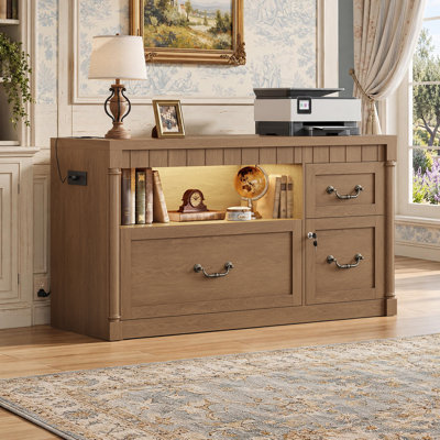 47.2" Wide 3-Drawer Lateral File Cabinet with Lock, Charging Station, Pull-Out Shelf and LED Light for Home Office, Walnut