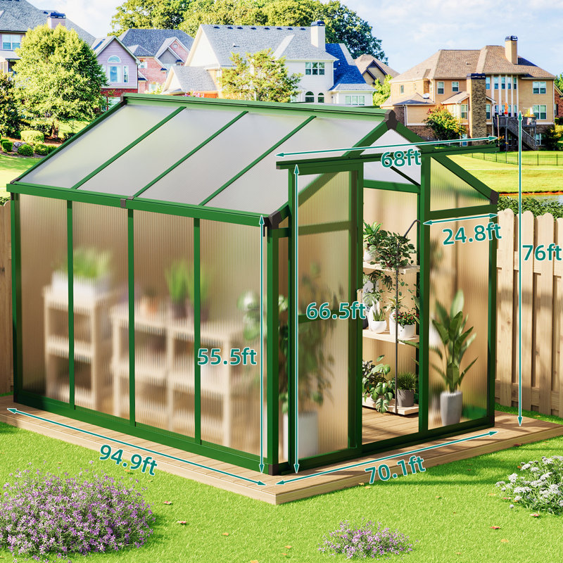 Serre pour l'extérieur avec porte, serre avec panneau en polycarbonate et évent de toit réglable et clous de sol, Vert