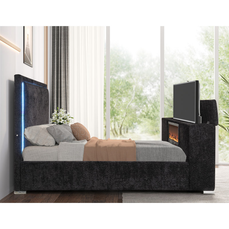 Lit plateforme tapissier avec éclairage DEL et meuble télé avec foyer, Très grand