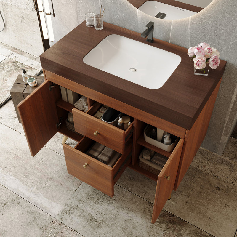 Meuble-lavabo autoportant moderne de 36 po avec plateau en pierre frittée, lavabo en céramique et rangement intelligent, Brun