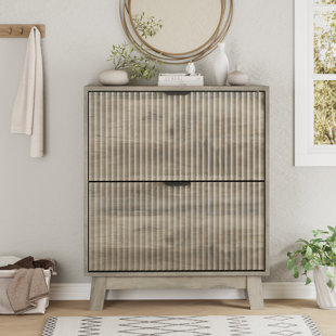 Narrow Shoe Cabinet with 2 Flip Drawers,Fluted Entryway Storage Organizer for Hallway, Freestanding Unit Holds 18 Pairs, Adjustable Shelves with Metal Handles,31.3W× 9.45D×36.89H