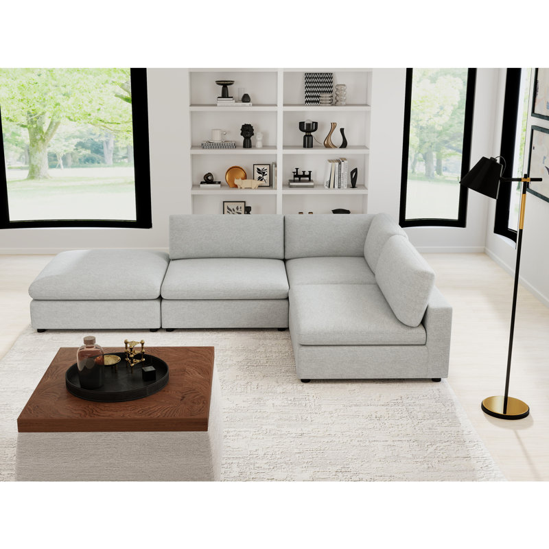 4-Piece Minimalist Modern Soft-Upholstered Sectional With Ottoman, Cream